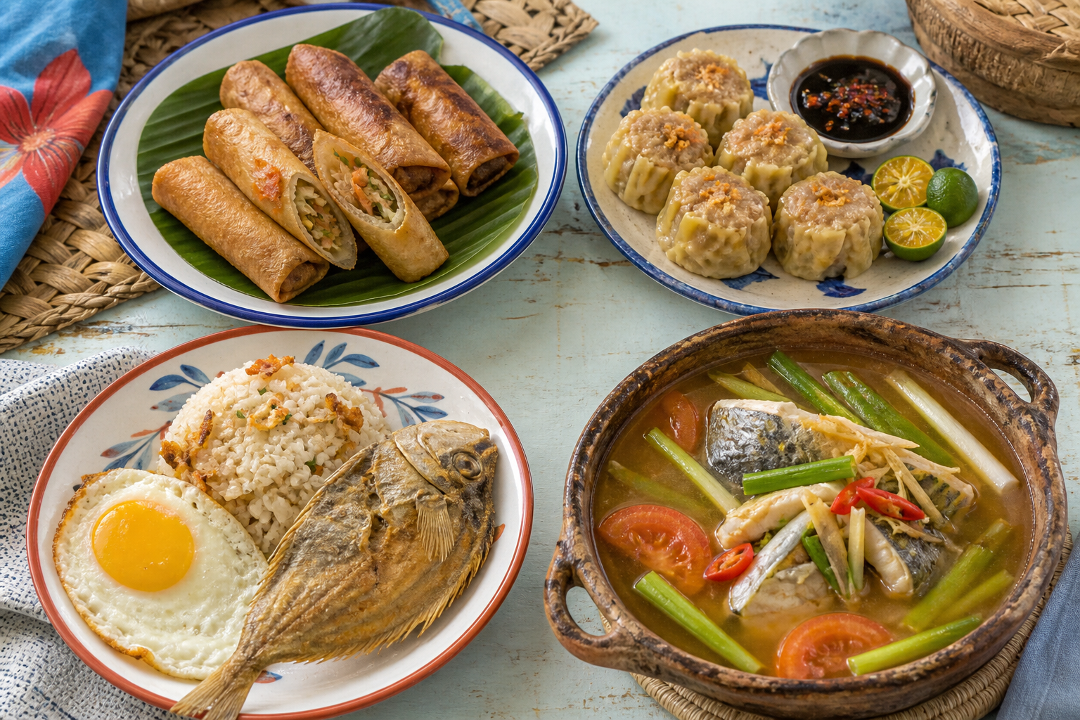 ンゴヒオン、シオマイ、ダンギット朝食、ラランを四皿に分けたセブの日常料理