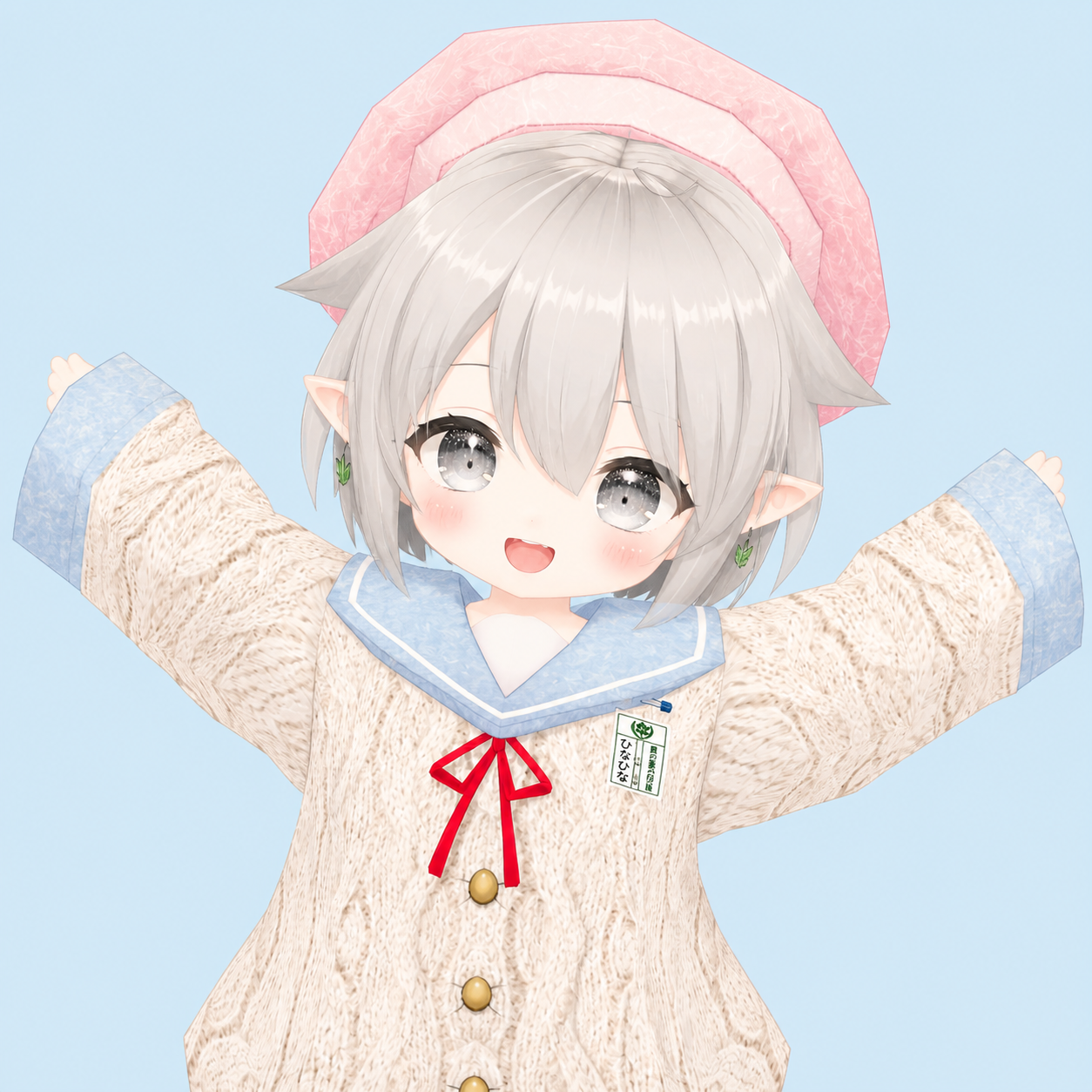 両手を広げて笑顔で案内するひなひな