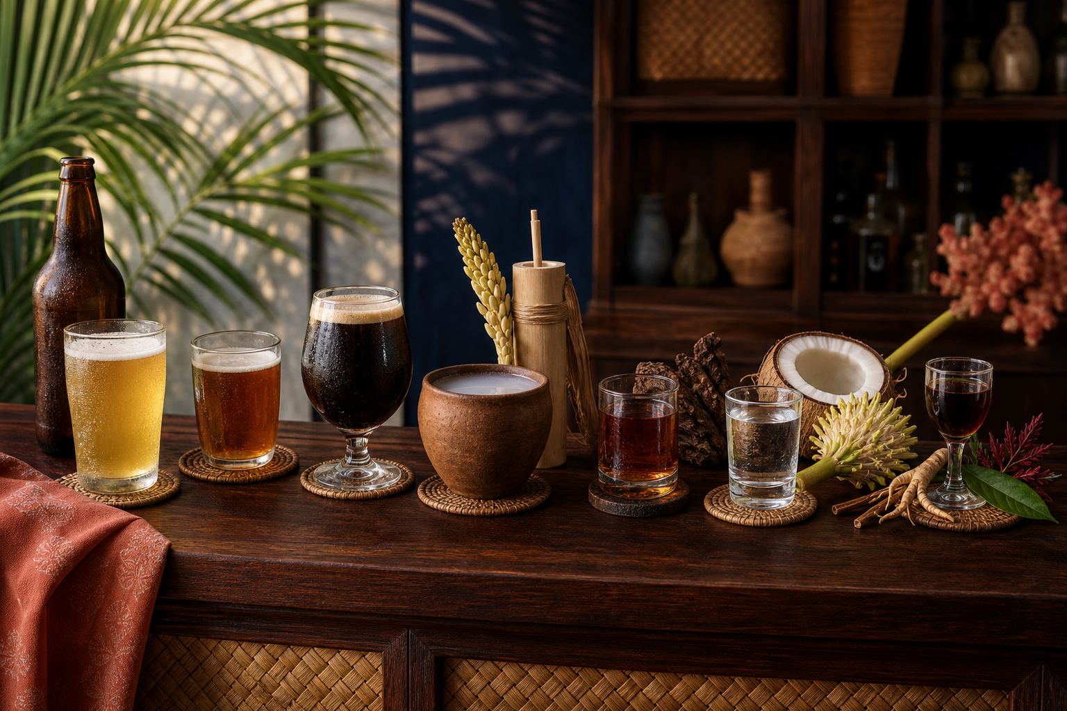 ビール、トゥバ、バハリナ、ランバノグ、薬草酒を淡色から濃色へ並べたフィリピン酒類図鑑